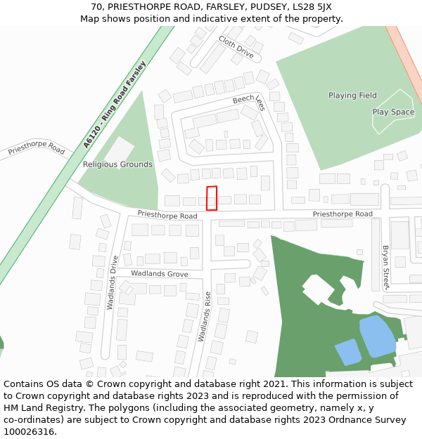 70, PRIESTHORPE ROAD, FARSLEY, PUDSEY, LS28 5JX: Location map and indicative extent of plot