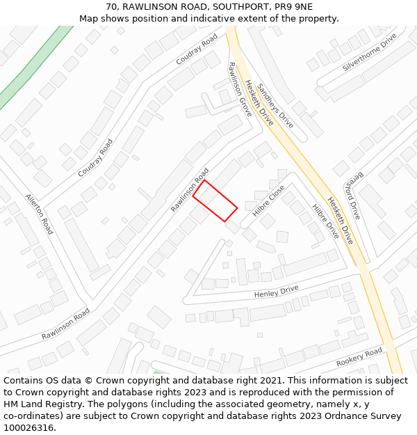 70, RAWLINSON ROAD, SOUTHPORT, PR9 9NE: Location map and indicative extent of plot