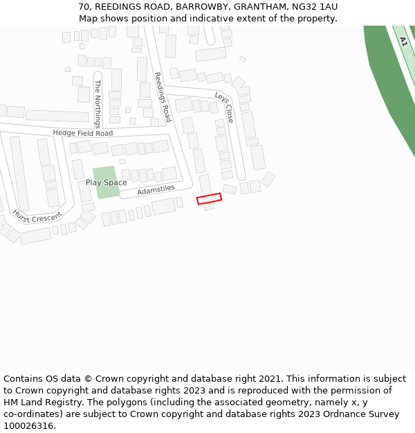 70, REEDINGS ROAD, BARROWBY, GRANTHAM, NG32 1AU: Location map and indicative extent of plot