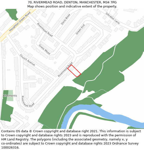 70, RIVERMEAD ROAD, DENTON, MANCHESTER, M34 7PG: Location map and indicative extent of plot