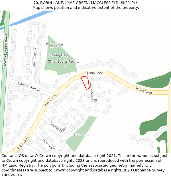 70, ROBIN LANE, LYME GREEN, MACCLESFIELD, SK11 0LH: Location map and indicative extent of plot