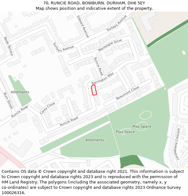 70, RUNCIE ROAD, BOWBURN, DURHAM, DH6 5EY: Location map and indicative extent of plot