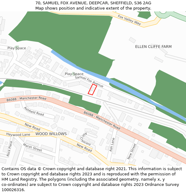 70, SAMUEL FOX AVENUE, DEEPCAR, SHEFFIELD, S36 2AG: Location map and indicative extent of plot