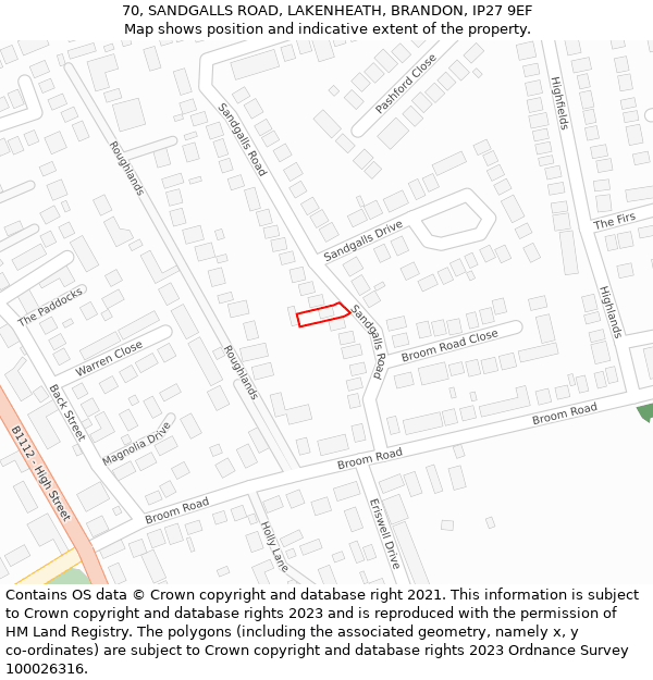 70, SANDGALLS ROAD, LAKENHEATH, BRANDON, IP27 9EF: Location map and indicative extent of plot