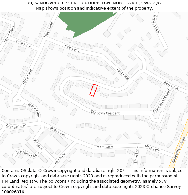 70, SANDOWN CRESCENT, CUDDINGTON, NORTHWICH, CW8 2QW: Location map and indicative extent of plot