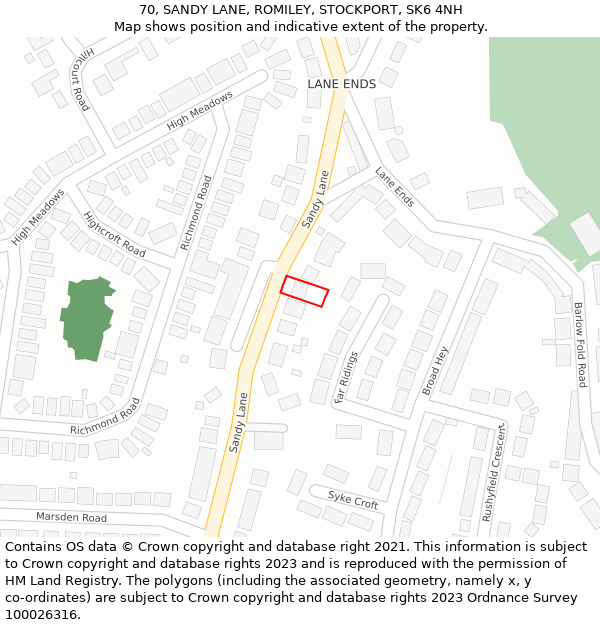70, SANDY LANE, ROMILEY, STOCKPORT, SK6 4NH: Location map and indicative extent of plot
