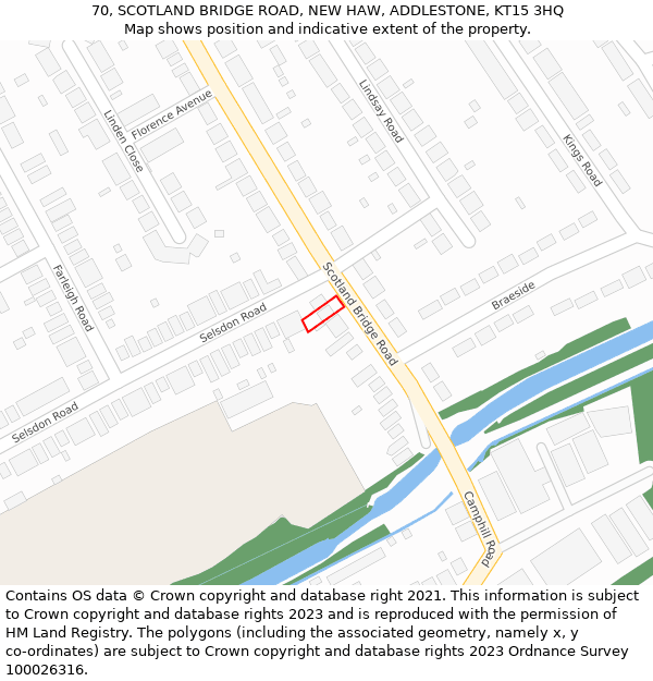 70, SCOTLAND BRIDGE ROAD, NEW HAW, ADDLESTONE, KT15 3HQ: Location map and indicative extent of plot