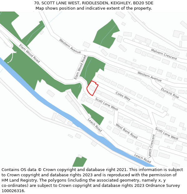 70, SCOTT LANE WEST, RIDDLESDEN, KEIGHLEY, BD20 5DE: Location map and indicative extent of plot