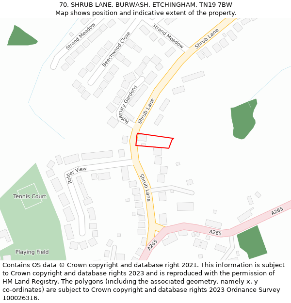 70, SHRUB LANE, BURWASH, ETCHINGHAM, TN19 7BW: Location map and indicative extent of plot