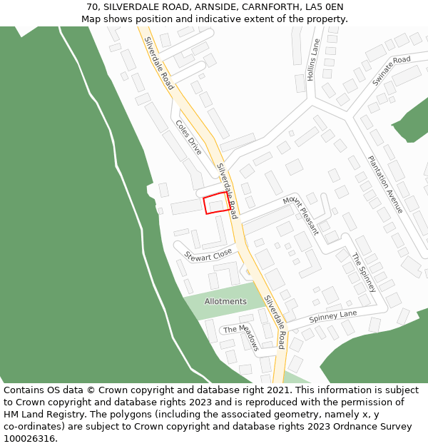 70, SILVERDALE ROAD, ARNSIDE, CARNFORTH, LA5 0EN: Location map and indicative extent of plot