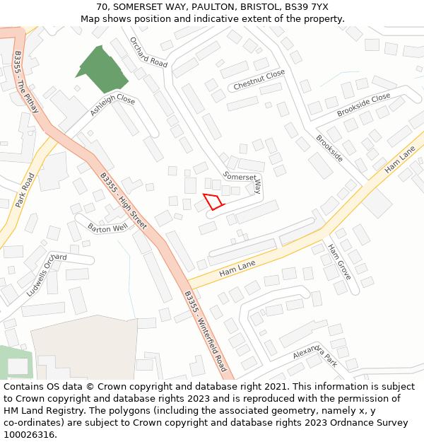 70, SOMERSET WAY, PAULTON, BRISTOL, BS39 7YX: Location map and indicative extent of plot