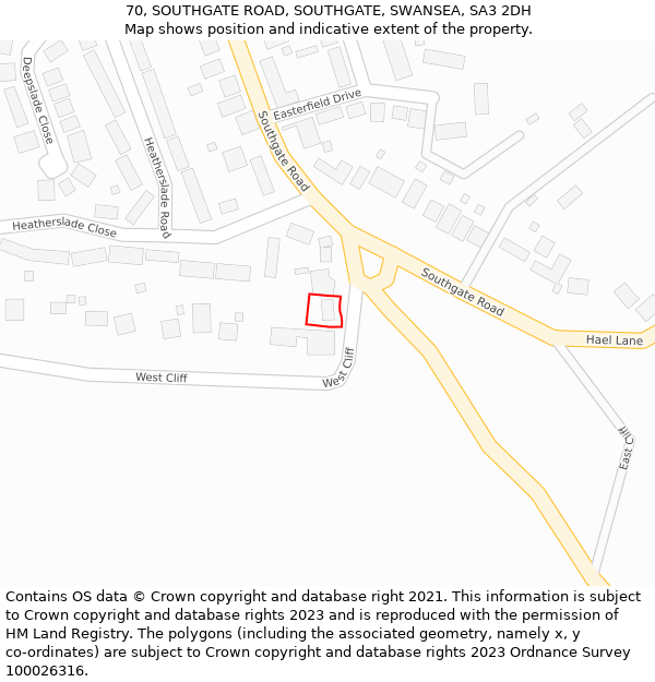 70, SOUTHGATE ROAD, SOUTHGATE, SWANSEA, SA3 2DH: Location map and indicative extent of plot