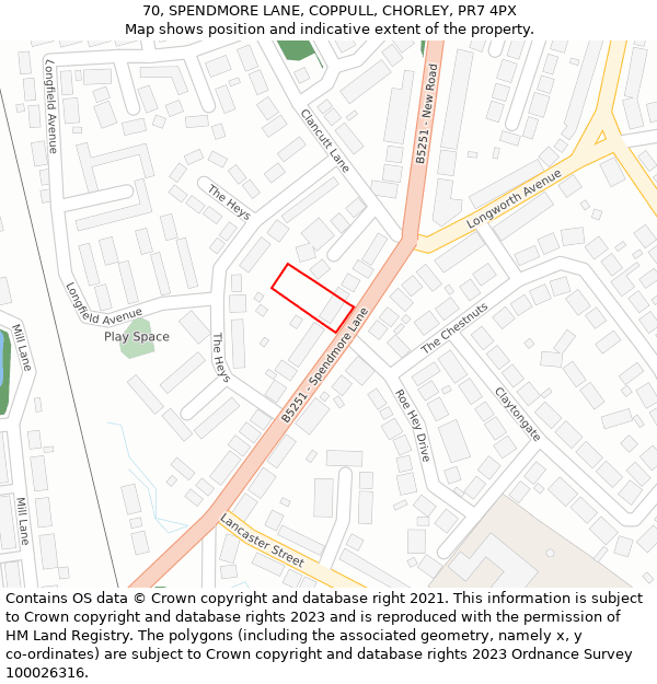 70, SPENDMORE LANE, COPPULL, CHORLEY, PR7 4PX: Location map and indicative extent of plot