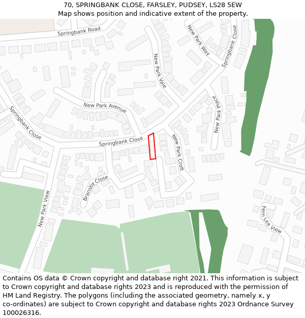 70, SPRINGBANK CLOSE, FARSLEY, PUDSEY, LS28 5EW: Location map and indicative extent of plot