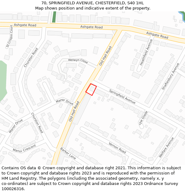 70, SPRINGFIELD AVENUE, CHESTERFIELD, S40 1HL: Location map and indicative extent of plot