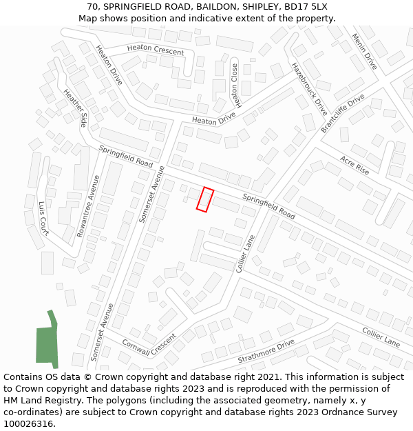 70, SPRINGFIELD ROAD, BAILDON, SHIPLEY, BD17 5LX: Location map and indicative extent of plot