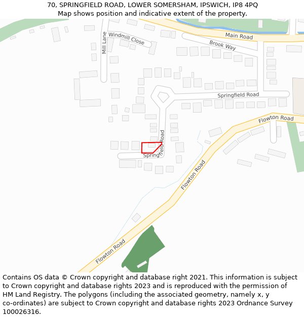 70, SPRINGFIELD ROAD, LOWER SOMERSHAM, IPSWICH, IP8 4PQ: Location map and indicative extent of plot