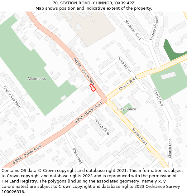 70, STATION ROAD, CHINNOR, OX39 4PZ: Location map and indicative extent of plot