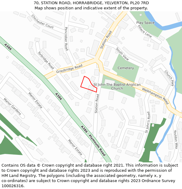 70, STATION ROAD, HORRABRIDGE, YELVERTON, PL20 7RD: Location map and indicative extent of plot