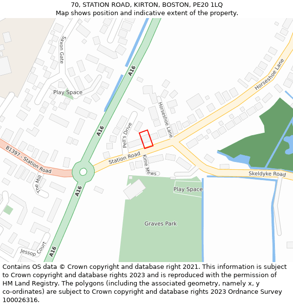 70, STATION ROAD, KIRTON, BOSTON, PE20 1LQ: Location map and indicative extent of plot