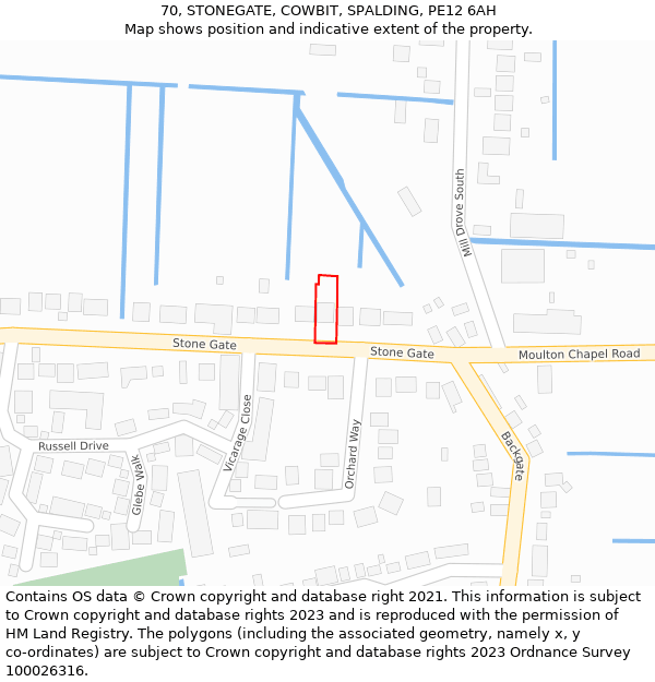 70, STONEGATE, COWBIT, SPALDING, PE12 6AH: Location map and indicative extent of plot