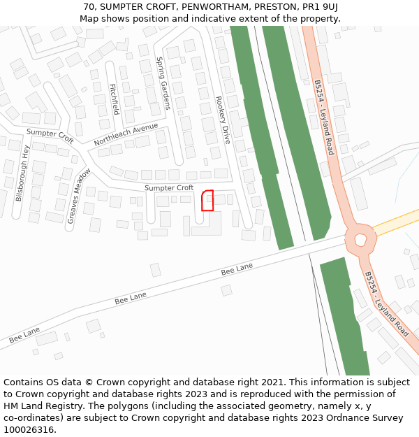 70, SUMPTER CROFT, PENWORTHAM, PRESTON, PR1 9UJ: Location map and indicative extent of plot