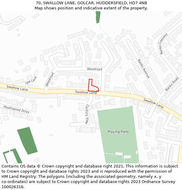 70, SWALLOW LANE, GOLCAR, HUDDERSFIELD, HD7 4NB: Location map and indicative extent of plot