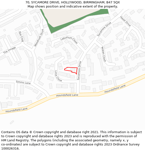 70, SYCAMORE DRIVE, HOLLYWOOD, BIRMINGHAM, B47 5QX: Location map and indicative extent of plot