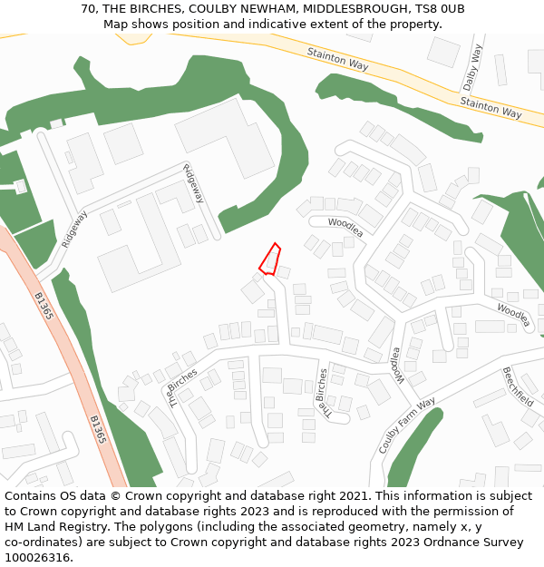 70, THE BIRCHES, COULBY NEWHAM, MIDDLESBROUGH, TS8 0UB: Location map and indicative extent of plot