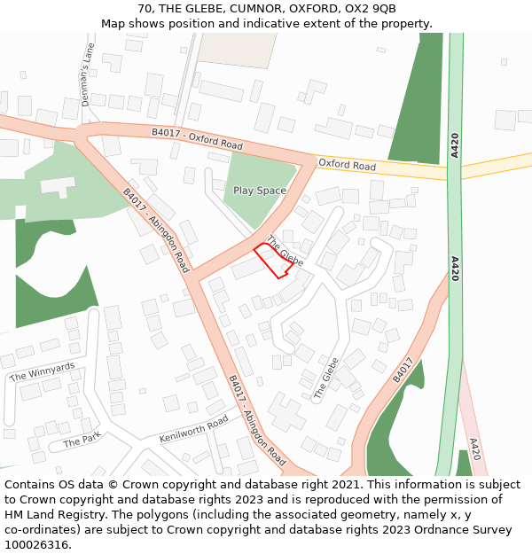 70, THE GLEBE, CUMNOR, OXFORD, OX2 9QB: Location map and indicative extent of plot