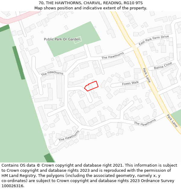 70, THE HAWTHORNS, CHARVIL, READING, RG10 9TS: Location map and indicative extent of plot