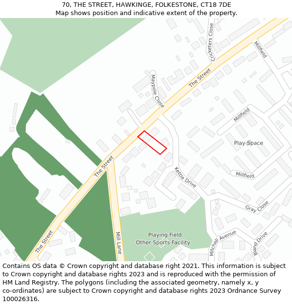 70, THE STREET, HAWKINGE, FOLKESTONE, CT18 7DE: Location map and indicative extent of plot