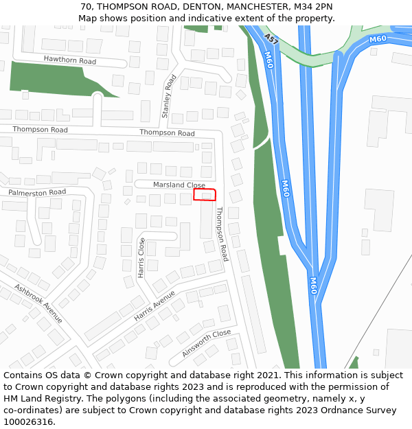 70, THOMPSON ROAD, DENTON, MANCHESTER, M34 2PN: Location map and indicative extent of plot
