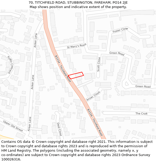 70, TITCHFIELD ROAD, STUBBINGTON, FAREHAM, PO14 2JE: Location map and indicative extent of plot