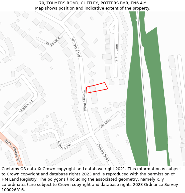 70, TOLMERS ROAD, CUFFLEY, POTTERS BAR, EN6 4JY: Location map and indicative extent of plot