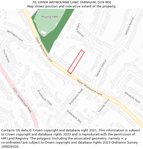 70, UPPER WEYBOURNE LANE, FARNHAM, GU9 9DE: Location map and indicative extent of plot