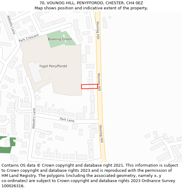 70, VOUNOG HILL, PENYFFORDD, CHESTER, CH4 0EZ: Location map and indicative extent of plot