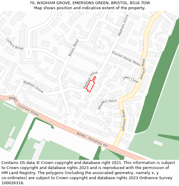 70, WADHAM GROVE, EMERSONS GREEN, BRISTOL, BS16 7DW: Location map and indicative extent of plot