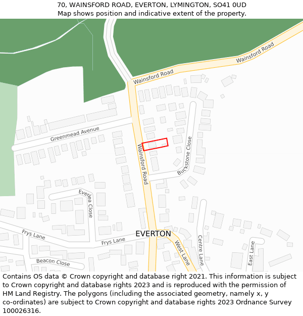 70, WAINSFORD ROAD, EVERTON, LYMINGTON, SO41 0UD: Location map and indicative extent of plot