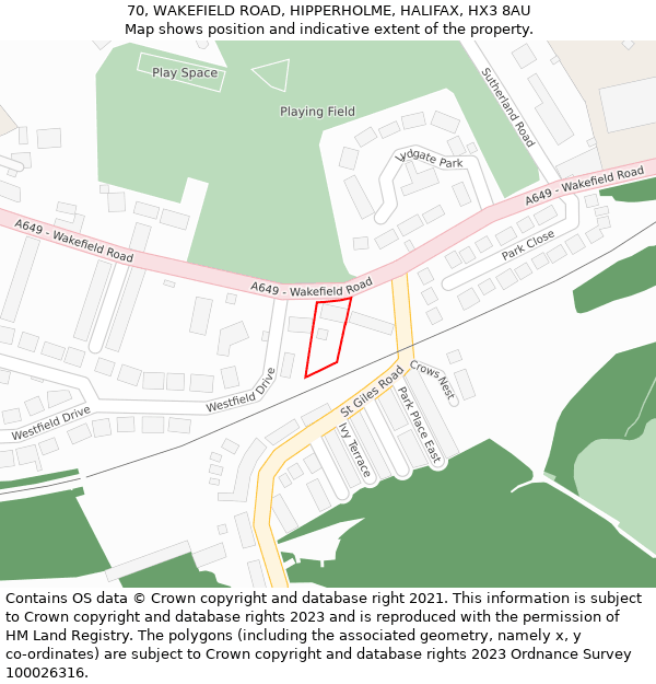 70, WAKEFIELD ROAD, HIPPERHOLME, HALIFAX, HX3 8AU: Location map and indicative extent of plot