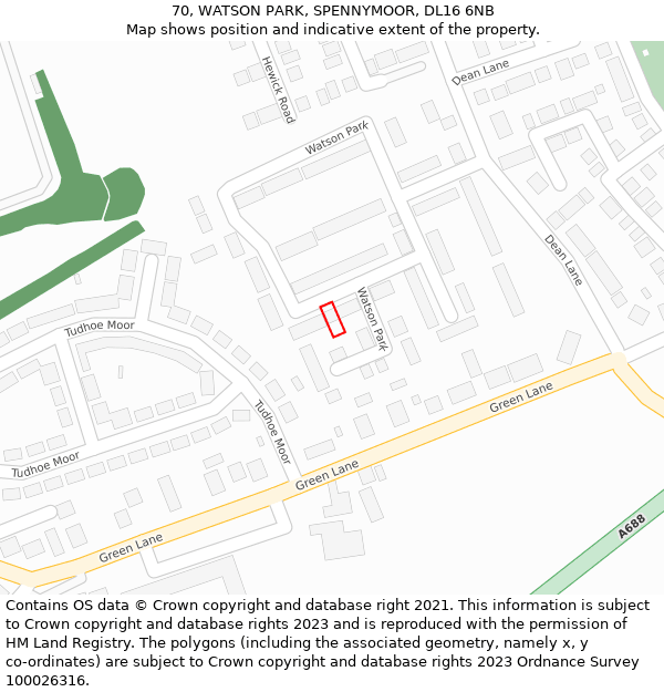 70, WATSON PARK, SPENNYMOOR, DL16 6NB: Location map and indicative extent of plot