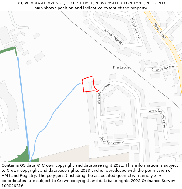 70, WEARDALE AVENUE, FOREST HALL, NEWCASTLE UPON TYNE, NE12 7HY: Location map and indicative extent of plot