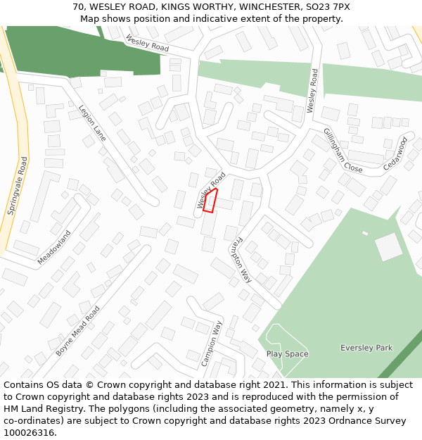 70, WESLEY ROAD, KINGS WORTHY, WINCHESTER, SO23 7PX: Location map and indicative extent of plot