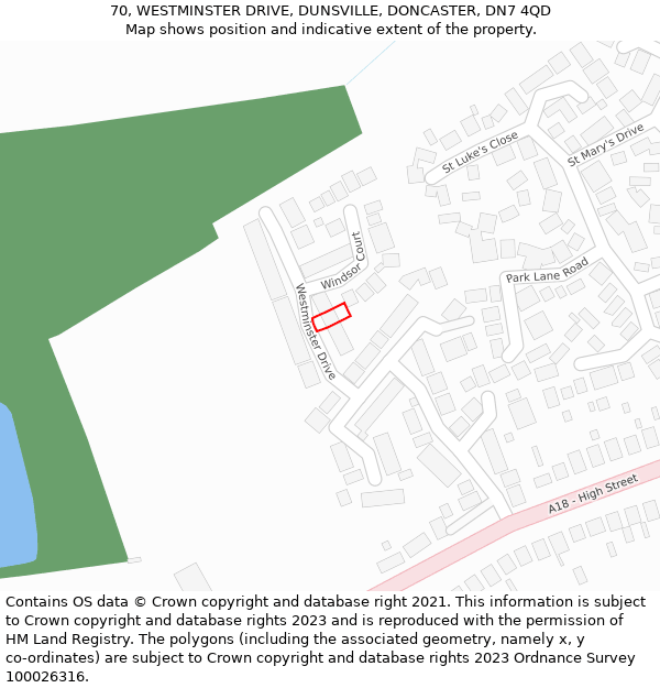 70, WESTMINSTER DRIVE, DUNSVILLE, DONCASTER, DN7 4QD: Location map and indicative extent of plot