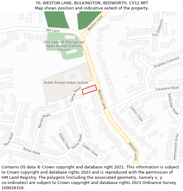 70, WESTON LANE, BULKINGTON, BEDWORTH, CV12 9RT: Location map and indicative extent of plot