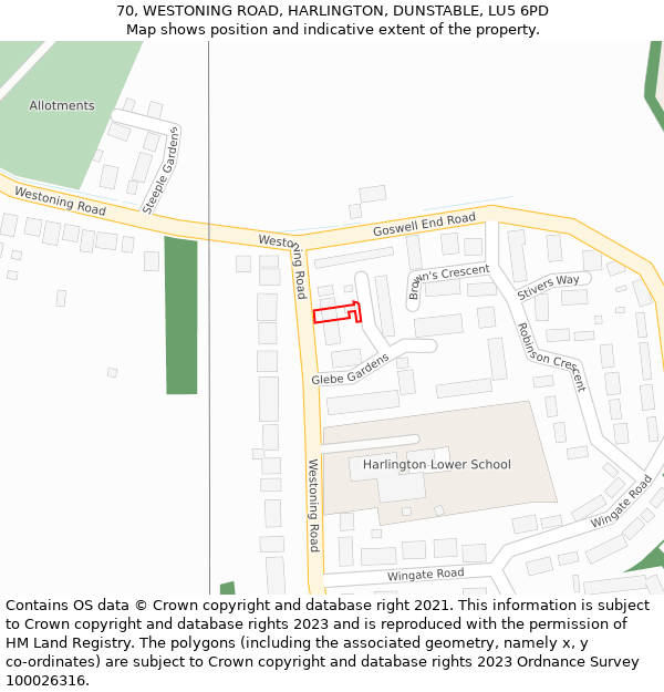 70, WESTONING ROAD, HARLINGTON, DUNSTABLE, LU5 6PD: Location map and indicative extent of plot