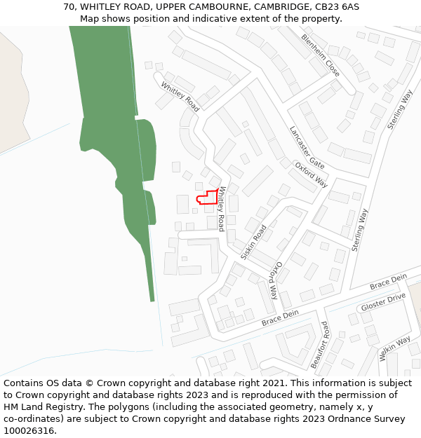 70, WHITLEY ROAD, UPPER CAMBOURNE, CAMBRIDGE, CB23 6AS: Location map and indicative extent of plot