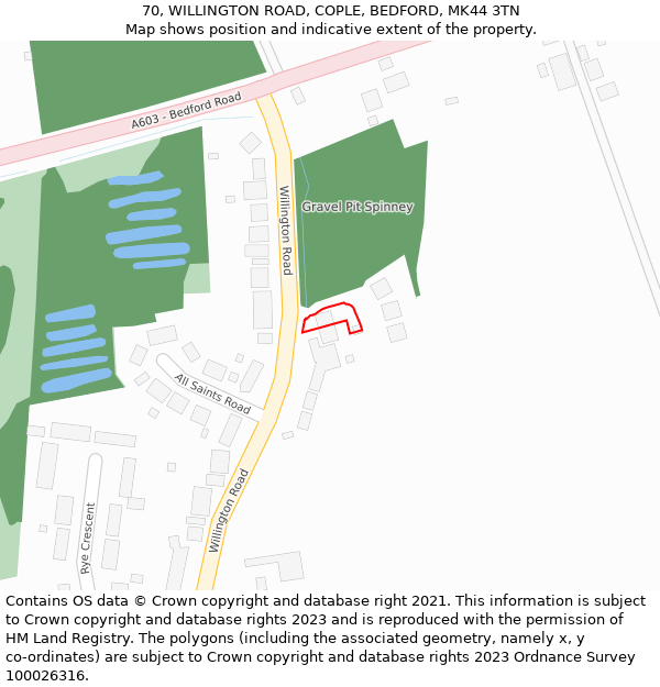 70, WILLINGTON ROAD, COPLE, BEDFORD, MK44 3TN: Location map and indicative extent of plot