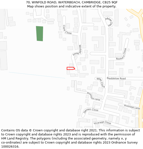 70, WINFOLD ROAD, WATERBEACH, CAMBRIDGE, CB25 9QF: Location map and indicative extent of plot