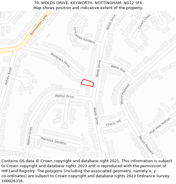 70, WOLDS DRIVE, KEYWORTH, NOTTINGHAM, NG12 5FX: Location map and indicative extent of plot